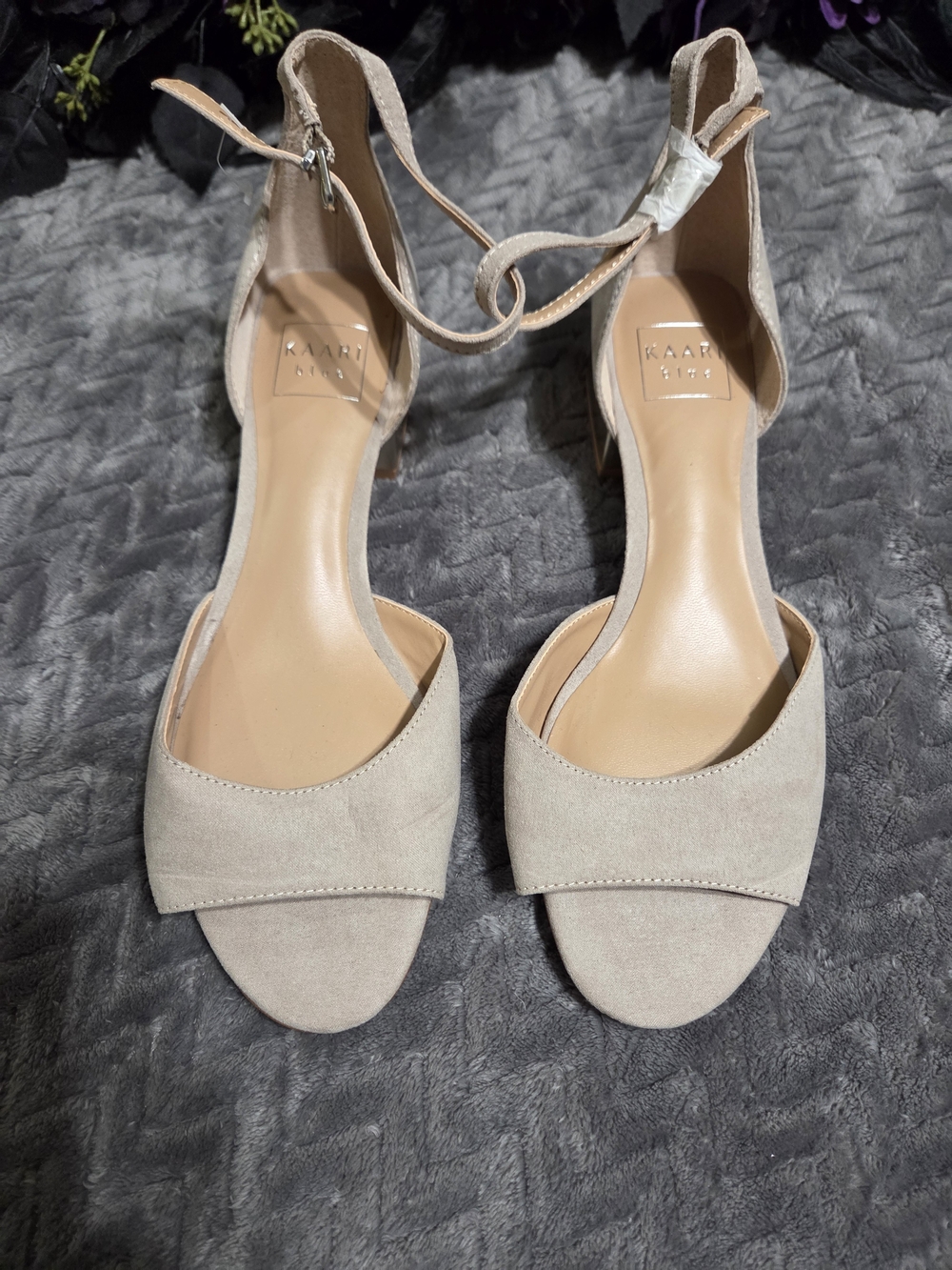 Kaari Blue Taupe Suede Open-Toe Ankle Strap Heels